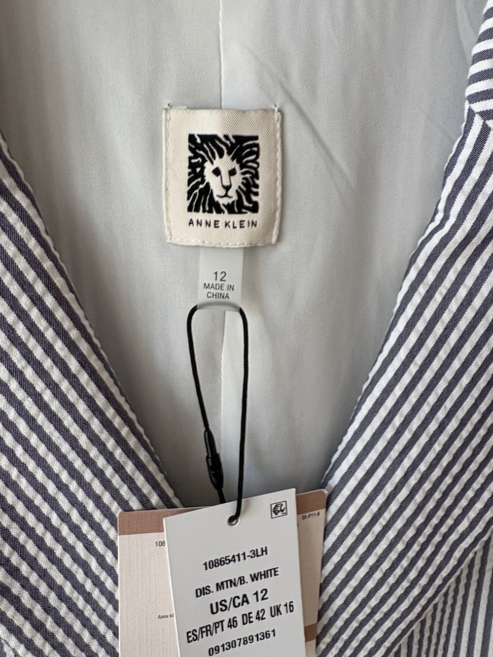 Anne Klein Mtn Blue and White Striped, Pleated Sleeveless Midi Dress with Tie - Picture 2 of 6